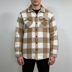 Matix Mens Sherpa Lined Flannel Shirt Jacket Tan White Buffalo Plaid Size M